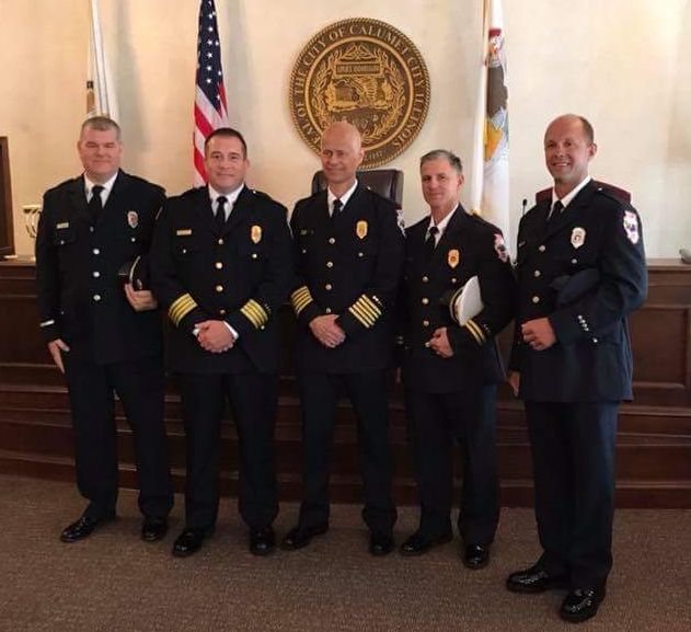 The Calumet City Fire Department congratulates Captain James Hilliard, Lieutenant Paul Long, and Engineer Thomas Dukups on their recent promotions.
