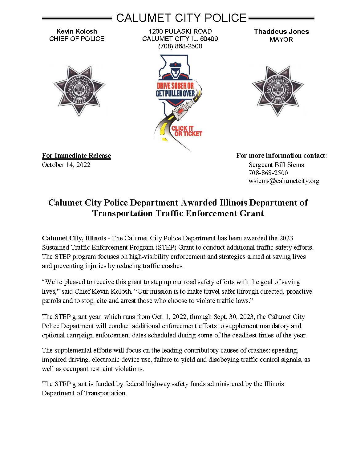 Calumet City Police Department Awarded Illinois Department of